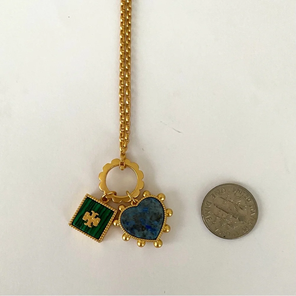 NWOT Tory Burch Semi-Precious Gold Tone Blue/Green Lapis Logo Pendant Necklace